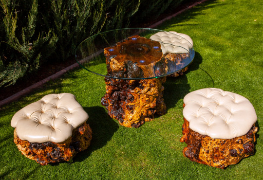 Coffee Table & Soft Chairs / Russian Olive Wood / Stained Glass 