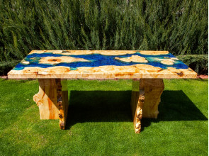 Dining River Table / Maple Burl Wood / Blue Epoxy