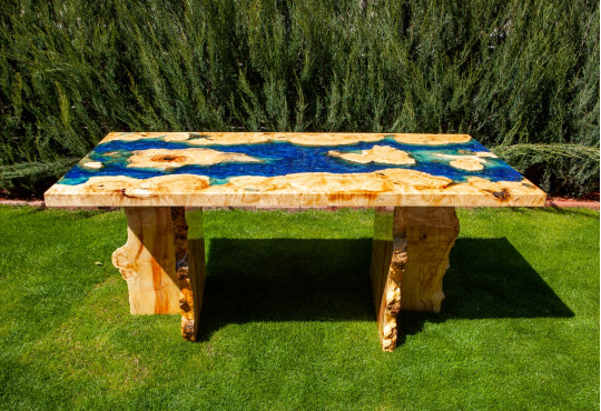 Dining River Table / Maple Burl Wood / Blue Epoxy